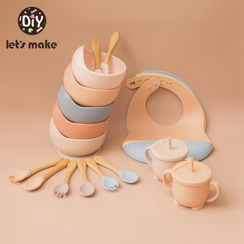 Let'S Make 5PCS/Set Baby Feedings Tableware Silicone Bowl Bib Cup Spoon Fork Non-Slip Bowl Suction Fixing Food Grade Baby Gift
