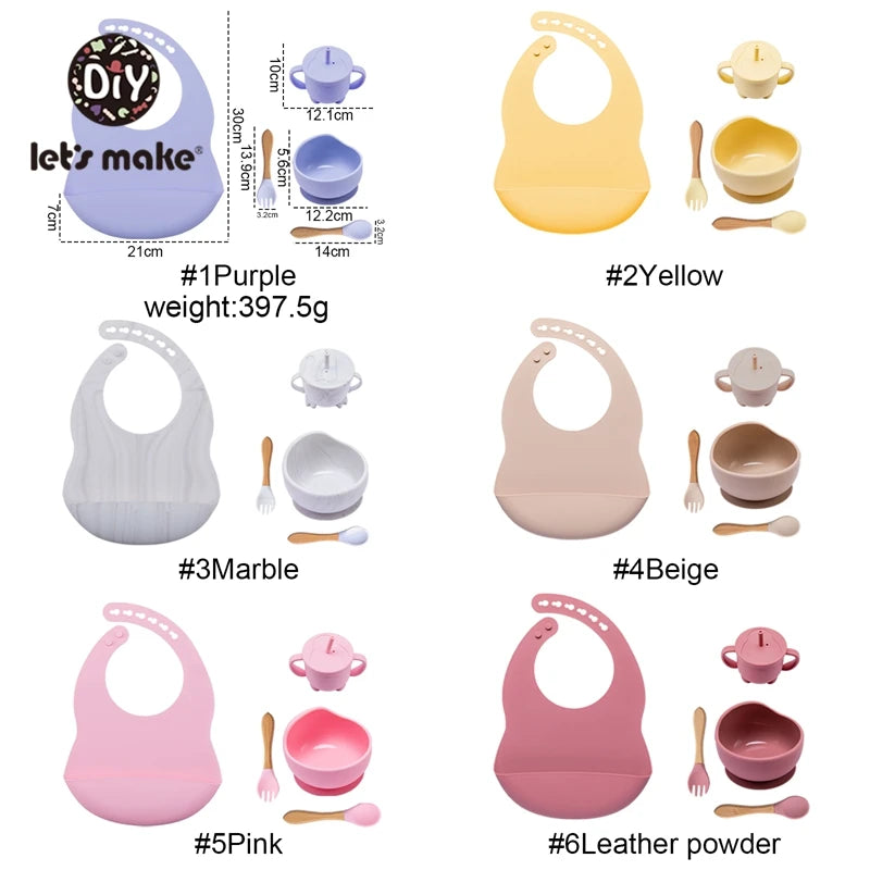 Let'S Make 5PCS/Set Baby Feedings Tableware Silicone Bowl Bib Cup Spoon Fork Non-Slip Bowl Suction Fixing Food Grade Baby Gift