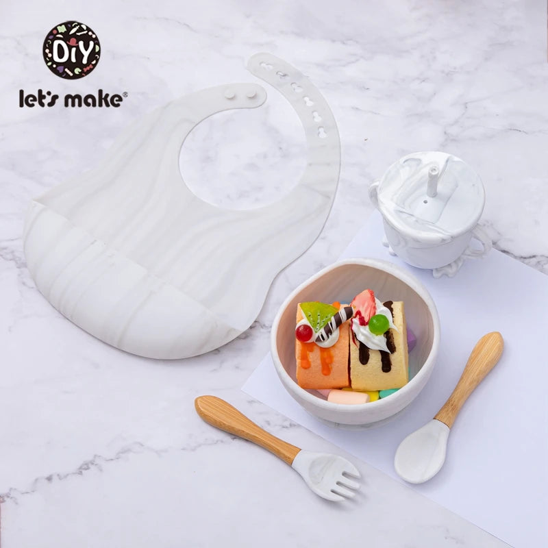 Let'S Make 5PCS/Set Baby Feedings Tableware Silicone Bowl Bib Cup Spoon Fork Non-Slip Bowl Suction Fixing Food Grade Baby Gift