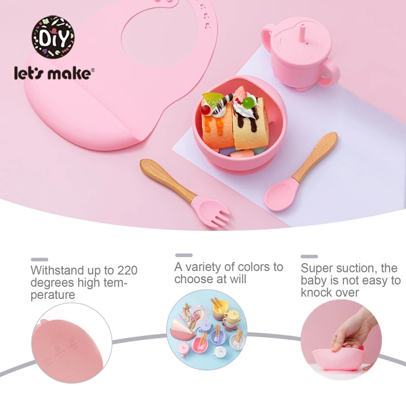 Let'S Make 5PCS/Set Baby Feedings Tableware Silicone Bowl Bib Cup Spoon Fork Non-Slip Bowl Suction Fixing Food Grade Baby Gift