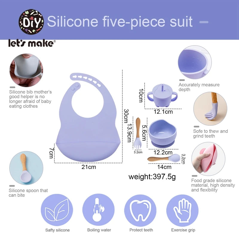 Let'S Make 5PCS/Set Baby Feedings Tableware Silicone Bowl Bib Cup Spoon Fork Non-Slip Bowl Suction Fixing Food Grade Baby Gift