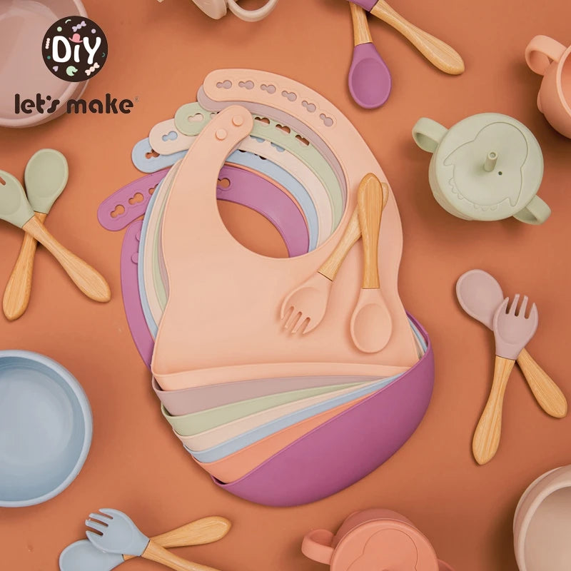 Let'S Make 5PCS/Set Baby Feedings Tableware Silicone Bowl Bib Cup Spoon Fork Non-Slip Bowl Suction Fixing Food Grade Baby Gift