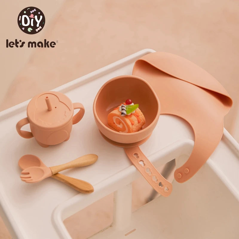 Let'S Make 5PCS/Set Baby Feedings Tableware Silicone Bowl Bib Cup Spoon Fork Non-Slip Bowl Suction Fixing Food Grade Baby Gift