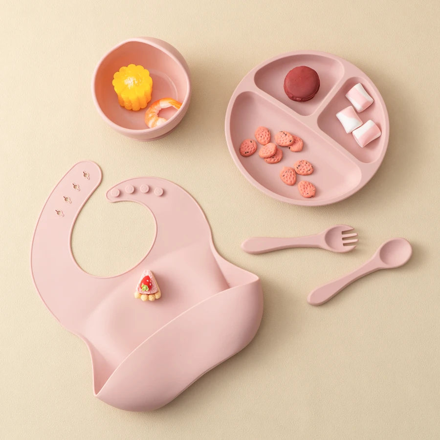 5Pcs Personalized Name Baby Silicone Feeding Sets Suction Cup Bowl Dishes Kids Spoon Fork Waterproof Bib Children's Tableware