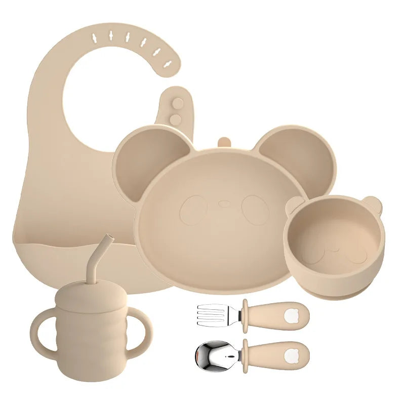 Baby Soft Silicone Sucker Bowl Plate Cup Bib Stainless Steel Spoon Fork Set Non-slip Tableware Children's Feeding Dishe BPA Free