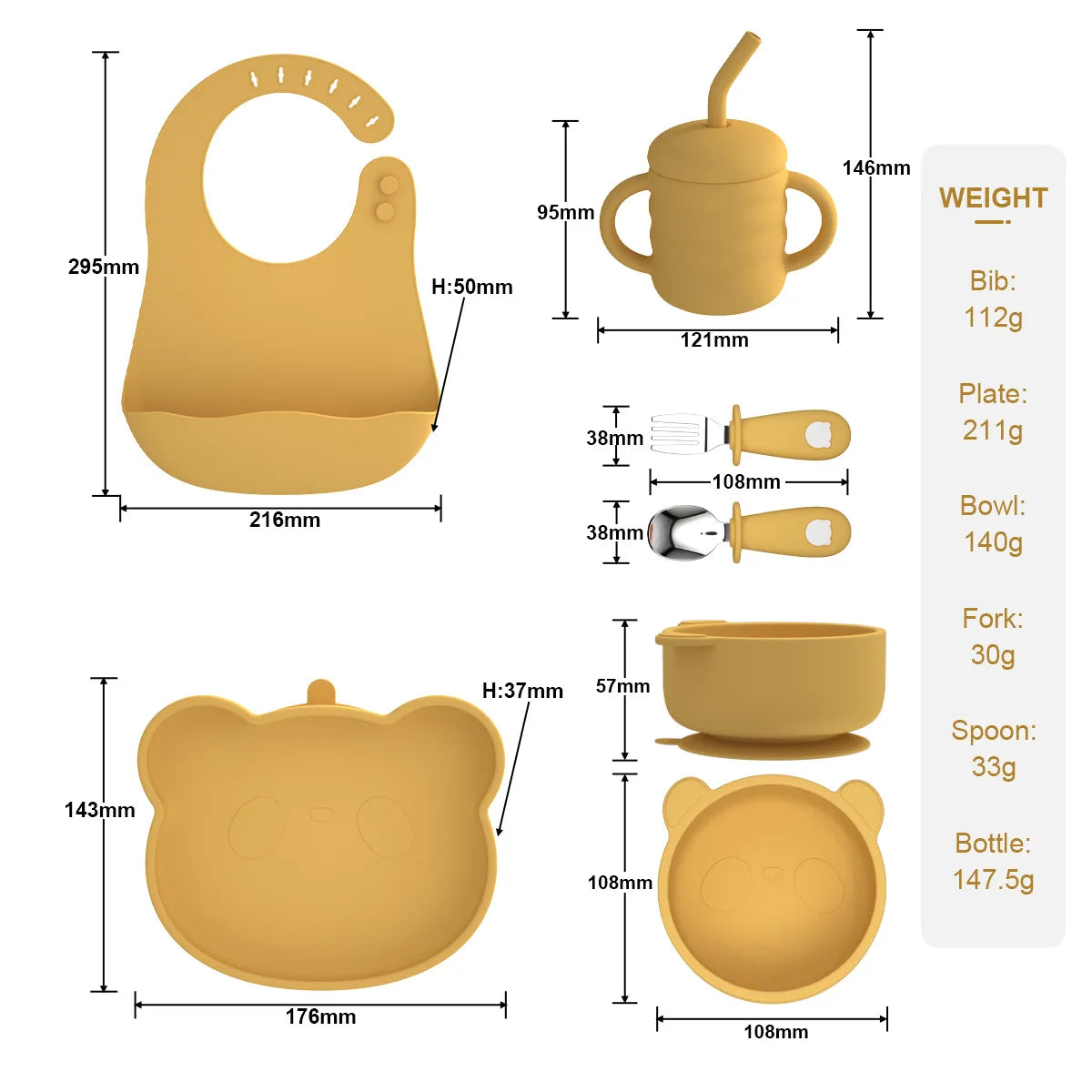 Baby Soft Silicone Sucker Bowl Plate Cup Bib Stainless Steel Spoon Fork Set Non-slip Tableware Children's Feeding Dishe BPA Free