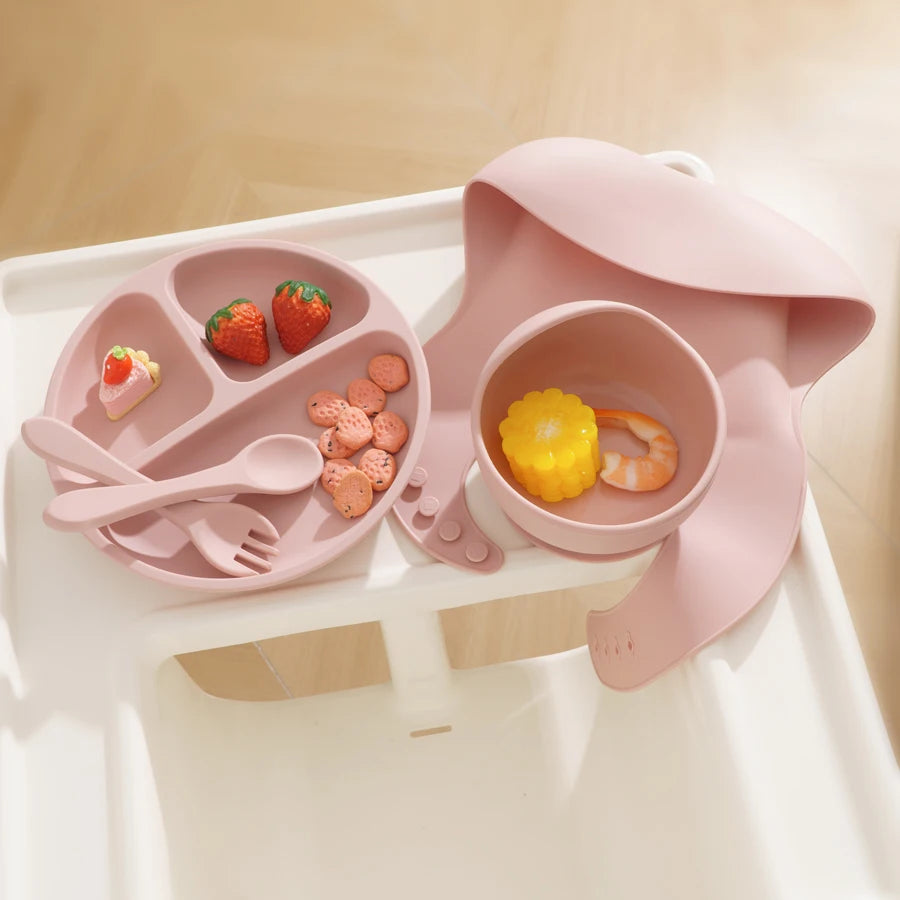 5Pcs Personalized Name Baby Silicone Feeding Sets Suction Cup Bowl Dishes Kids Spoon Fork Waterproof Bib Children's Tableware