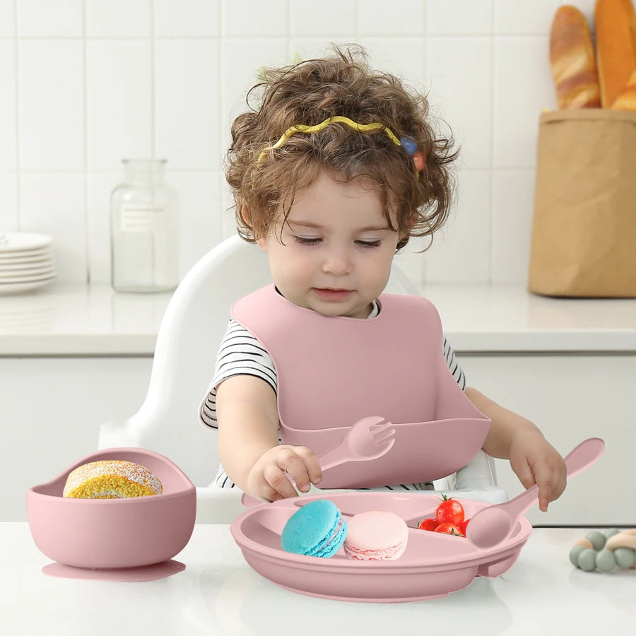 5Pcs Personalized Name Baby Silicone Feeding Sets Suction Cup Bowl Dishes Kids Spoon Fork Waterproof Bib Children's Tableware