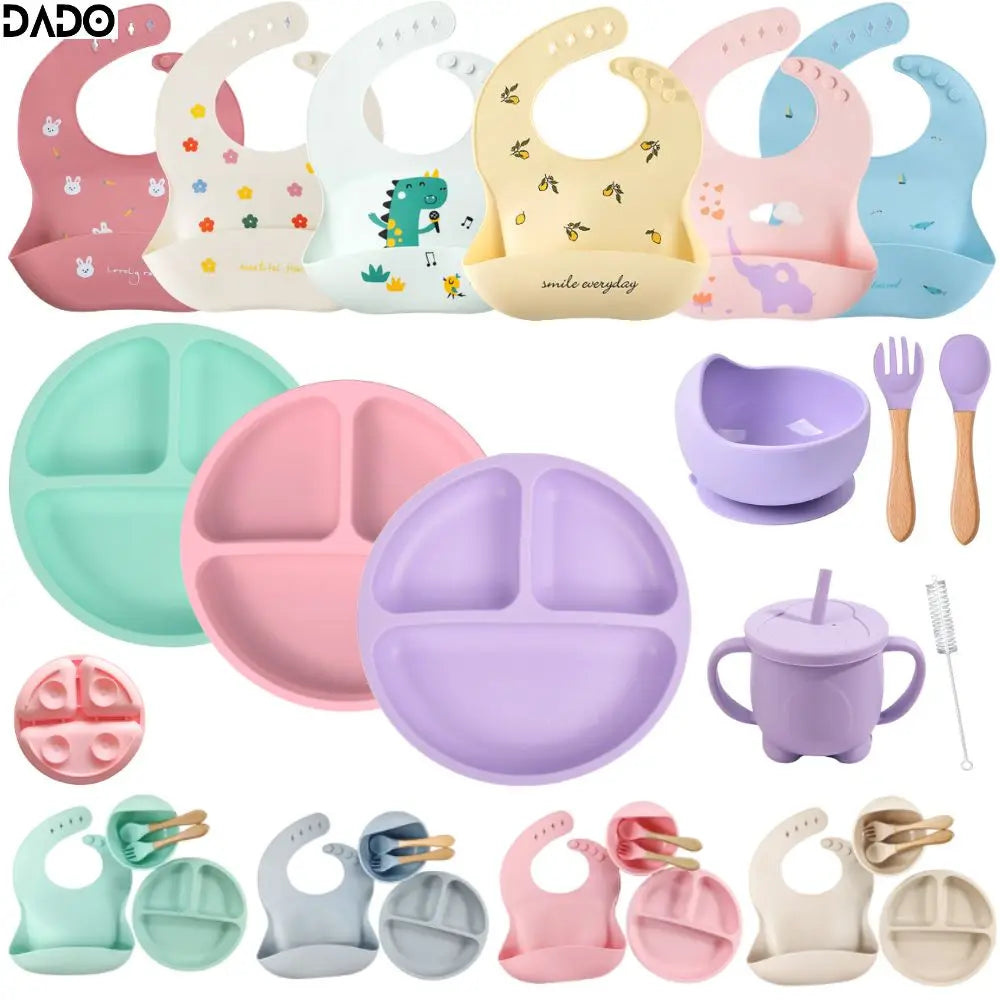 Silicone Baby Plates Spoons Forks Bib Bowls Dish Cup Child Feeding Suction Kids Toddler Eating Tableware Dinnerware Non-slip Set