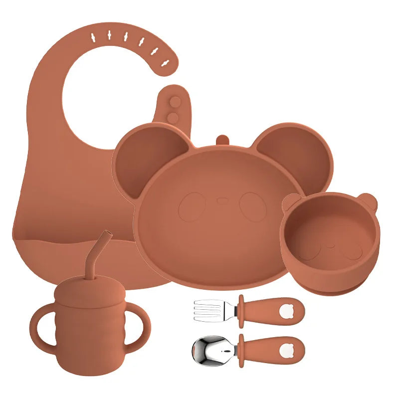 Baby Soft Silicone Sucker Bowl Plate Cup Bib Stainless Steel Spoon Fork Set Non-slip Tableware Children's Feeding Dishe BPA Free