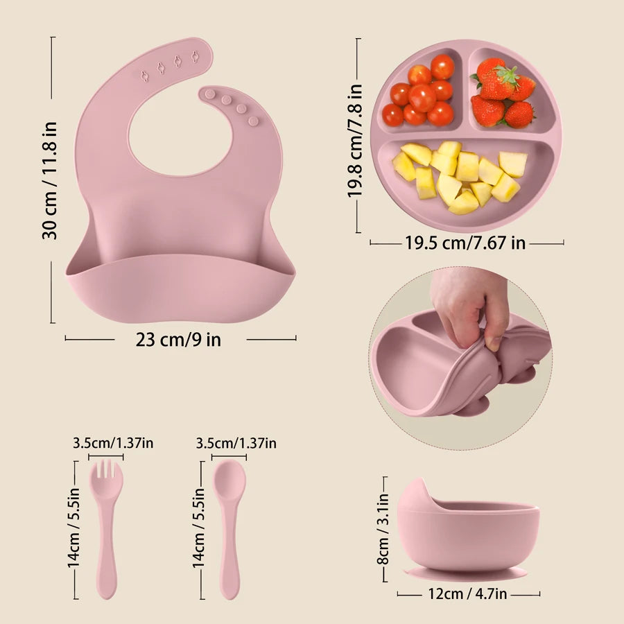 5Pcs Personalized Name Baby Silicone Feeding Sets Suction Cup Bowl Dishes Kids Spoon Fork Waterproof Bib Children's Tableware