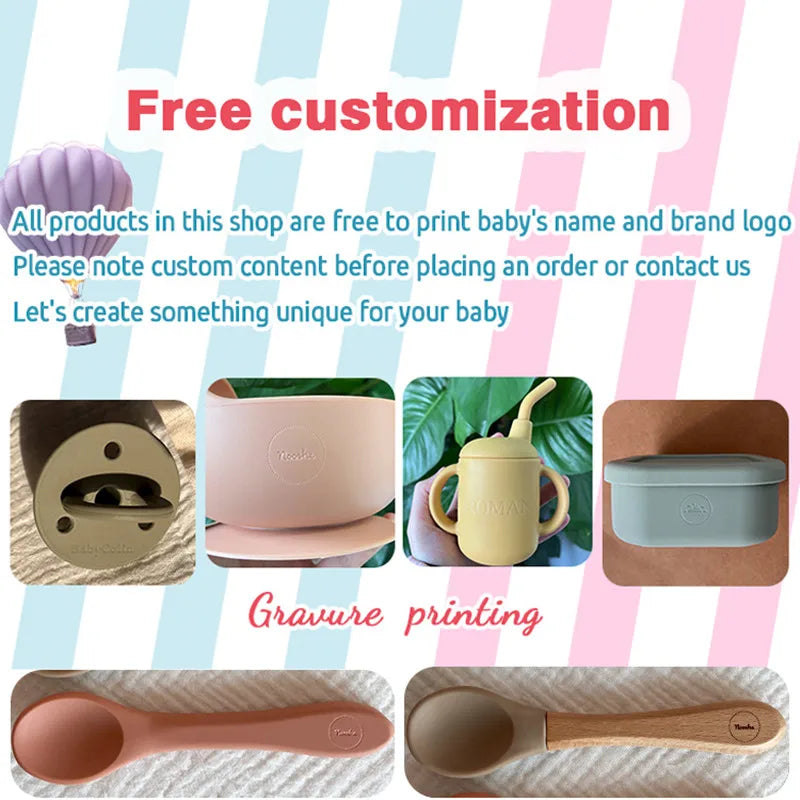 5Pcs Personalized Name Baby Silicone Feeding Sets Suction Cup Bowl Dishes Kids Spoon Fork Waterproof Bib Children's Tableware