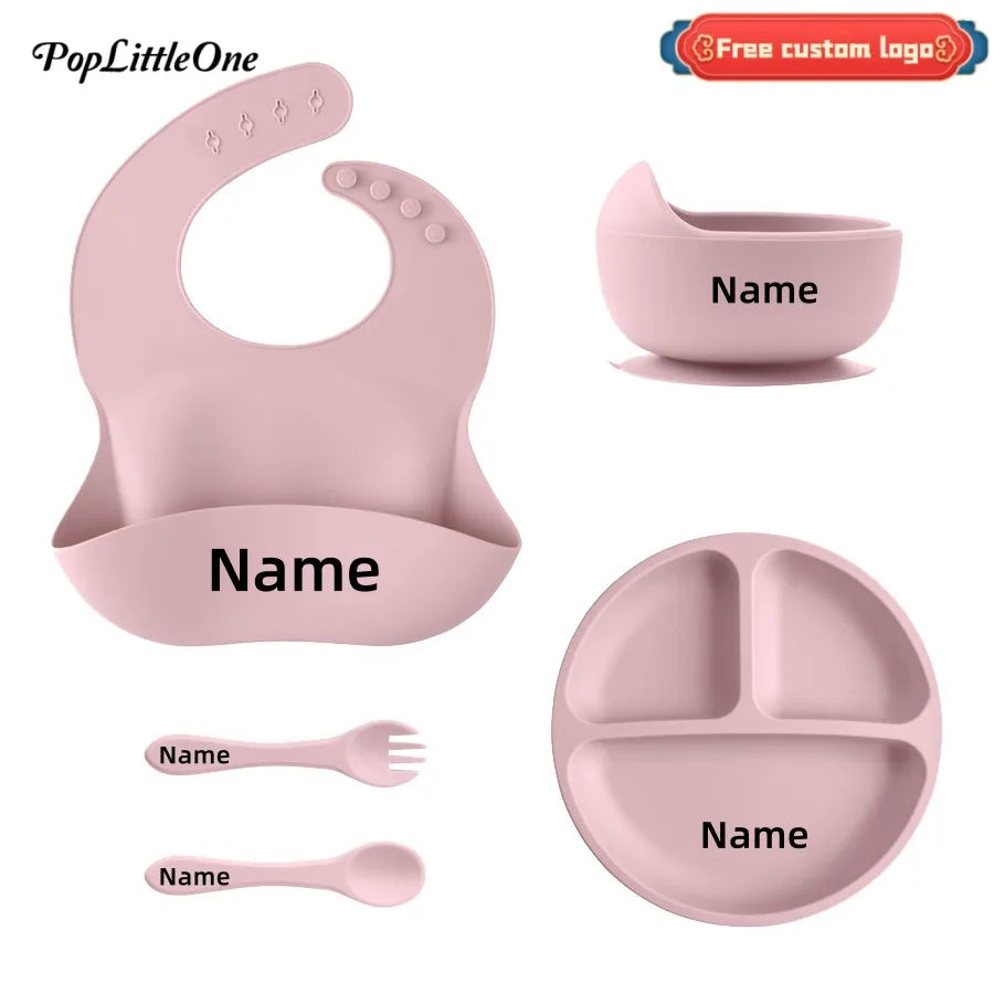 5Pcs Personalized Name Baby Silicone Feeding Sets Suction Cup Bowl Dishes Kids Spoon Fork Waterproof Bib Children's Tableware