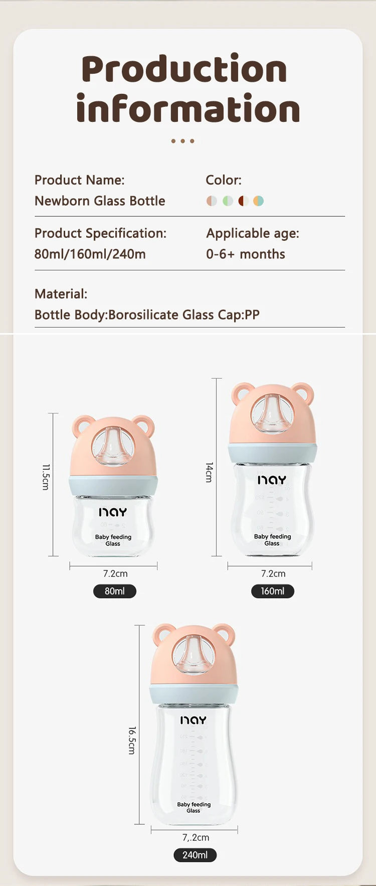 240ml Newborn Glass Bottle Glass Feeding Bottle Wide Caliber Anti-flatulence Nursing Anti-Choke Baby Bottle Infant BPA Free