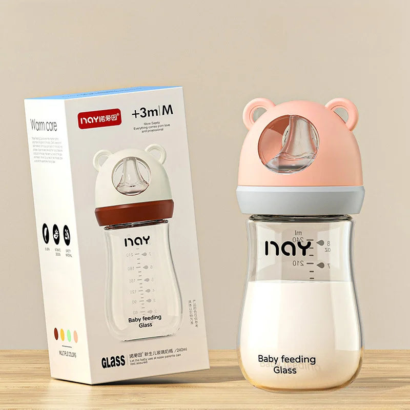 240ml Newborn Glass Bottle Glass Feeding Bottle Wide Caliber Anti-flatulence Nursing Anti-Choke Baby Bottle Infant BPA Free