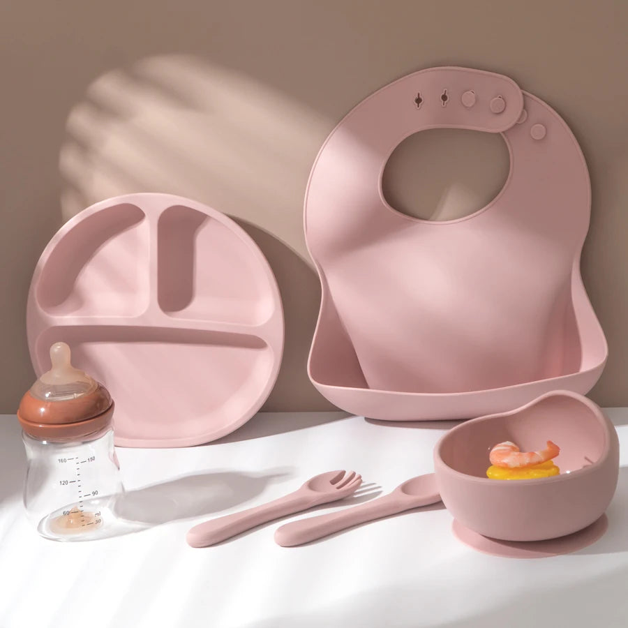 5Pcs Personalized Name Baby Silicone Feeding Sets Suction Cup Bowl Dishes Kids Spoon Fork Waterproof Bib Children's Tableware