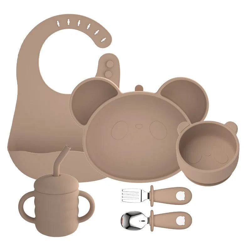 Baby Soft Silicone Sucker Bowl Plate Cup Bib Stainless Steel Spoon Fork Set Non-slip Tableware Children's Feeding Dishe BPA Free