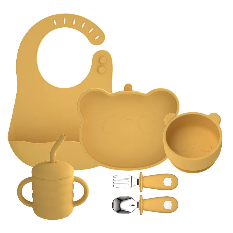 Baby Soft Silicone Sucker Bowl Plate Cup Bib Stainless Steel Spoon Fork Set Non-slip Tableware Children's Feeding Dishe BPA Free