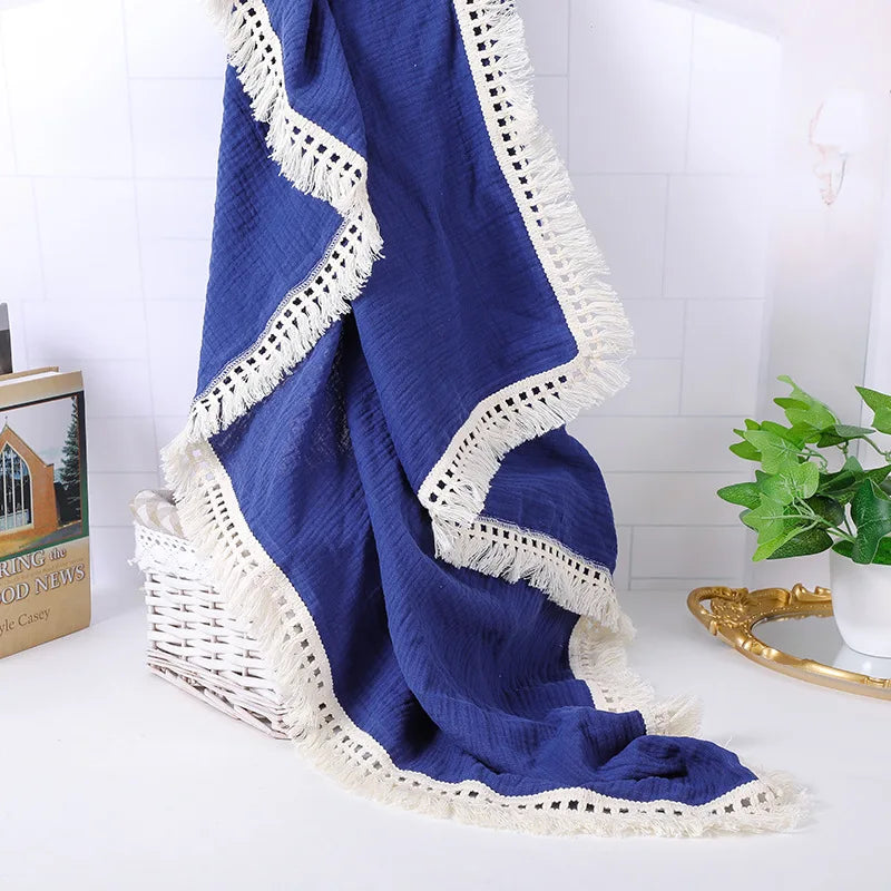 Cotton Muslin Swaddle Blankets for Newborn Baby Tassel Receiving Blanket Solid Swaddle Wrap Infant Soft Sleeping Quilt Bed Cover