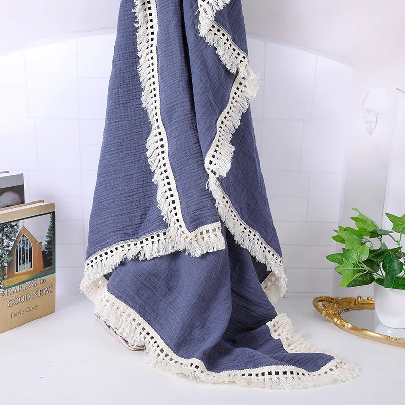 Cotton Muslin Swaddle Blankets for Newborn Baby Tassel Receiving Blanket Solid Swaddle Wrap Infant Soft Sleeping Quilt Bed Cover