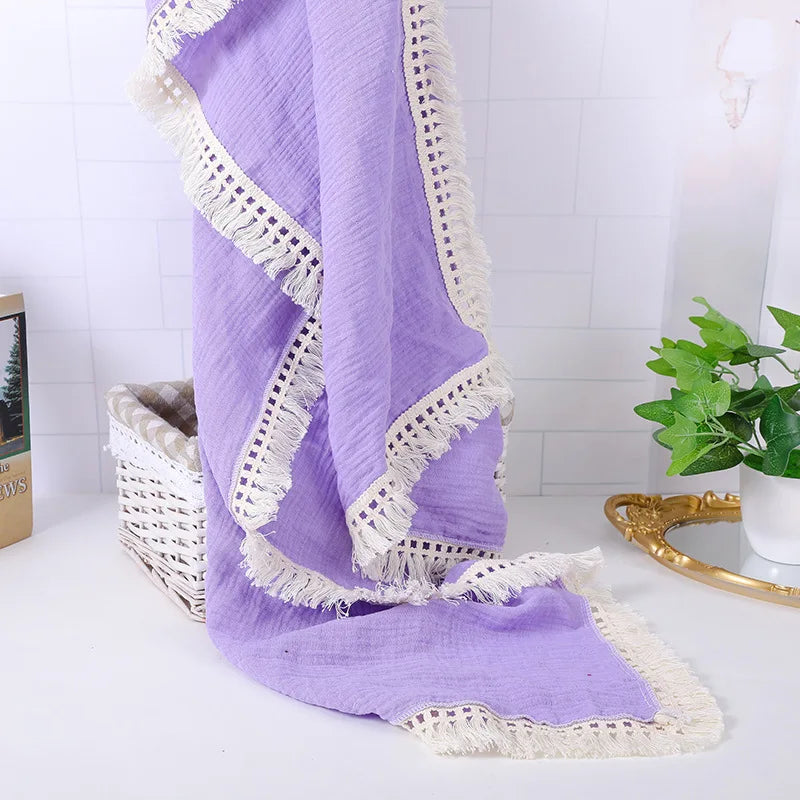 Cotton Muslin Swaddle Blankets for Newborn Baby Tassel Receiving Blanket Solid Swaddle Wrap Infant Soft Sleeping Quilt Bed Cover