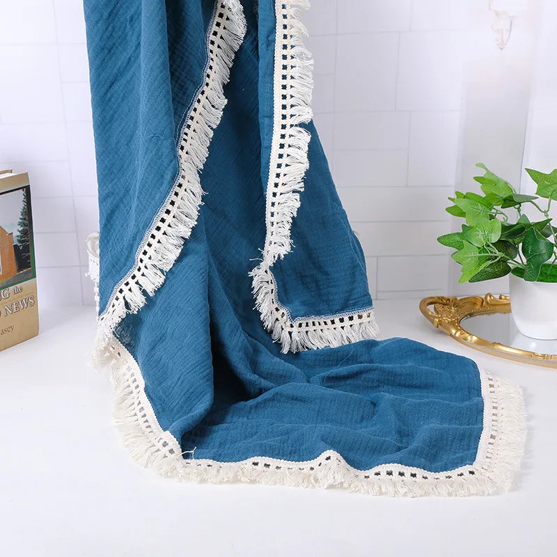 Cotton Muslin Swaddle Blankets for Newborn Baby Tassel Receiving Blanket Solid Swaddle Wrap Infant Soft Sleeping Quilt Bed Cover