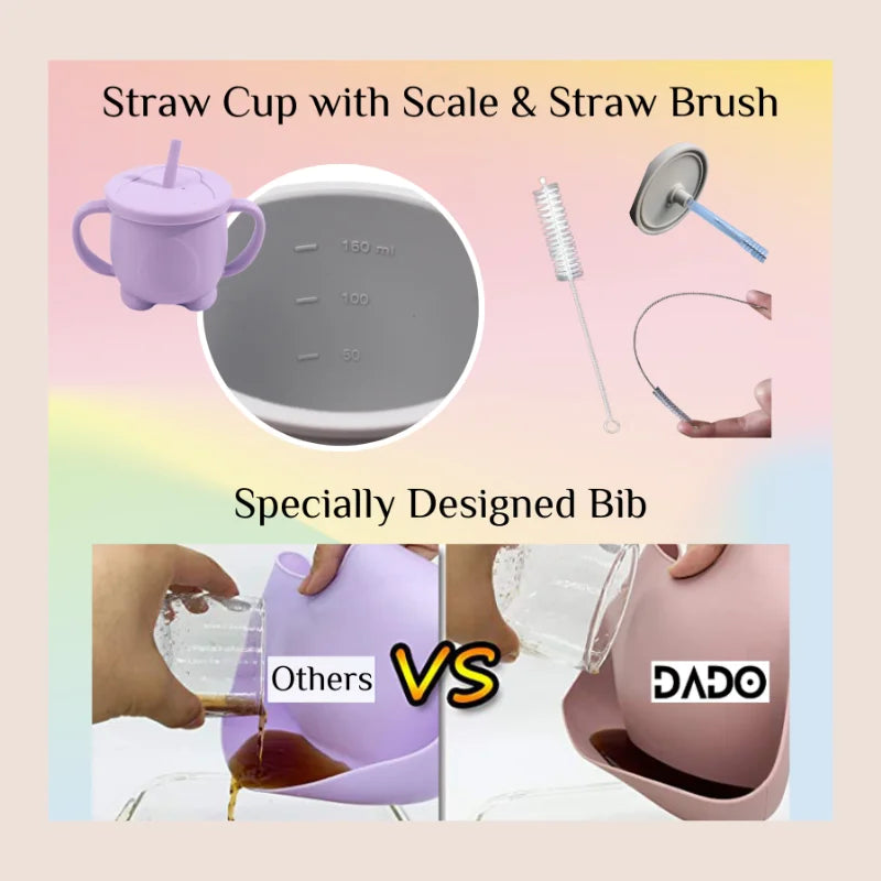 Silicone Baby Plates Spoons Forks Bib Bowls Dish Cup Child Feeding Suction Kids Toddler Eating Tableware Dinnerware Non-slip Set