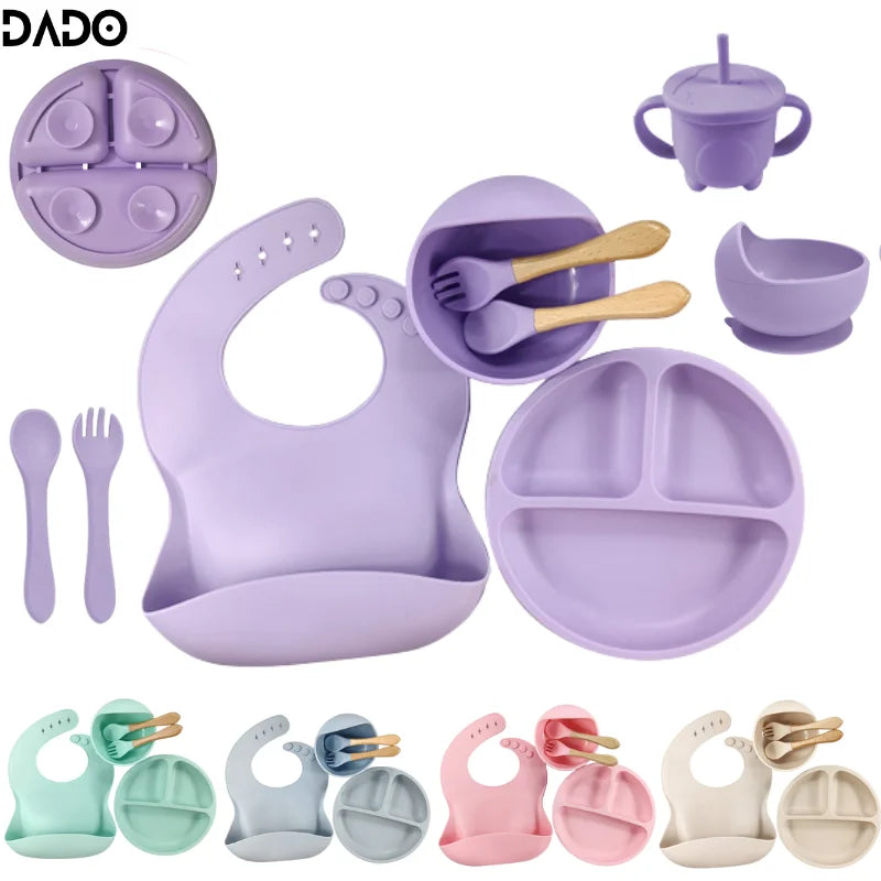 Silicone Baby Plates Spoons Forks Bib Bowls Dish Cup Child Feeding Suction Kids Toddler Eating Tableware Dinnerware Non-slip Set