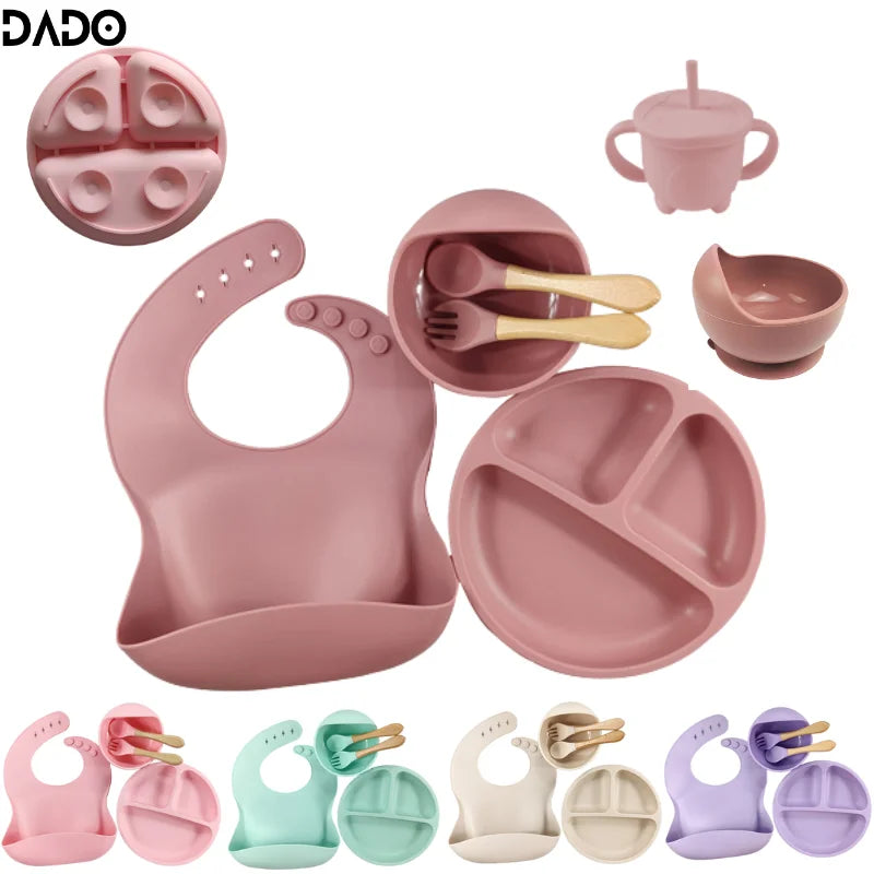 Silicone Baby Plates Spoons Forks Bib Bowls Dish Cup Child Feeding Suction Kids Toddler Eating Tableware Dinnerware Non-slip Set