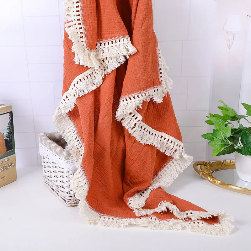 Cotton Muslin Swaddle Blankets for Newborn Baby Tassel Receiving Blanket Solid Swaddle Wrap Infant Soft Sleeping Quilt Bed Cover