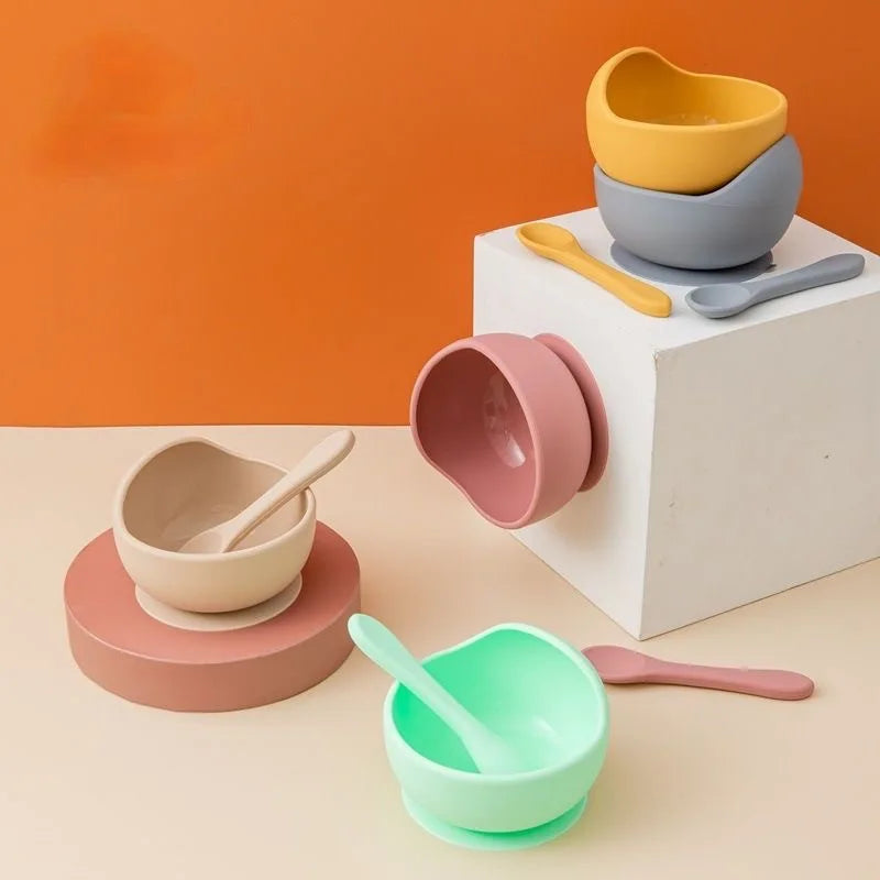 Silicone Baby Plates Spoons Forks Bib Bowls Dish Cup Child Feeding Suction Kids Toddler Eating Tableware Dinnerware Non-slip Set