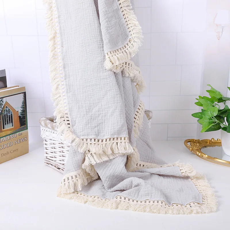 Cotton Muslin Swaddle Blankets for Newborn Baby Tassel Receiving Blanket Solid Swaddle Wrap Infant Soft Sleeping Quilt Bed Cover