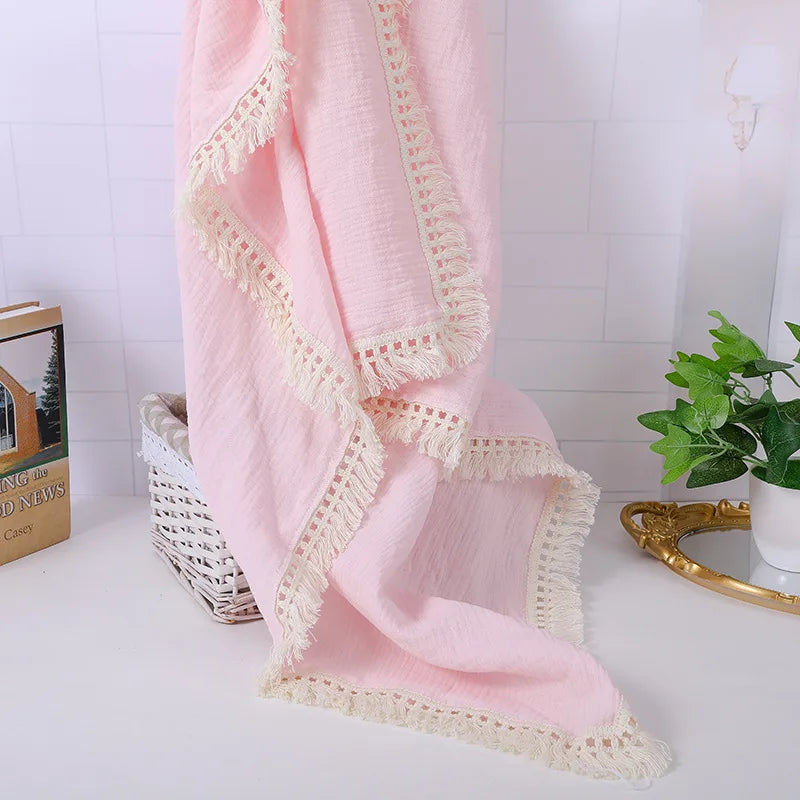 Cotton Muslin Swaddle Blankets for Newborn Baby Tassel Receiving Blanket Solid Swaddle Wrap Infant Soft Sleeping Quilt Bed Cover
