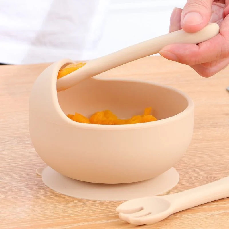 Silicone Baby Plates Spoons Forks Bib Bowls Dish Cup Child Feeding Suction Kids Toddler Eating Tableware Dinnerware Non-slip Set