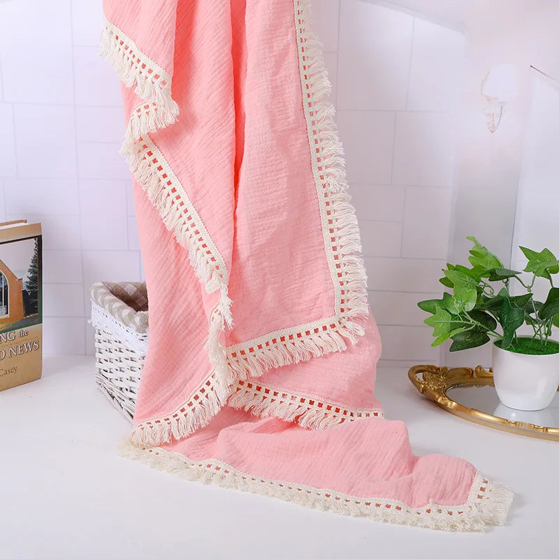 Cotton Muslin Swaddle Blankets for Newborn Baby Tassel Receiving Blanket Solid Swaddle Wrap Infant Soft Sleeping Quilt Bed Cover