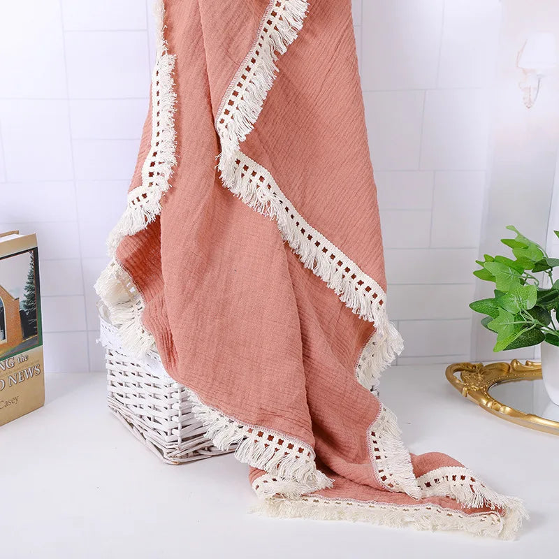 Cotton Muslin Swaddle Blankets for Newborn Baby Tassel Receiving Blanket Solid Swaddle Wrap Infant Soft Sleeping Quilt Bed Cover