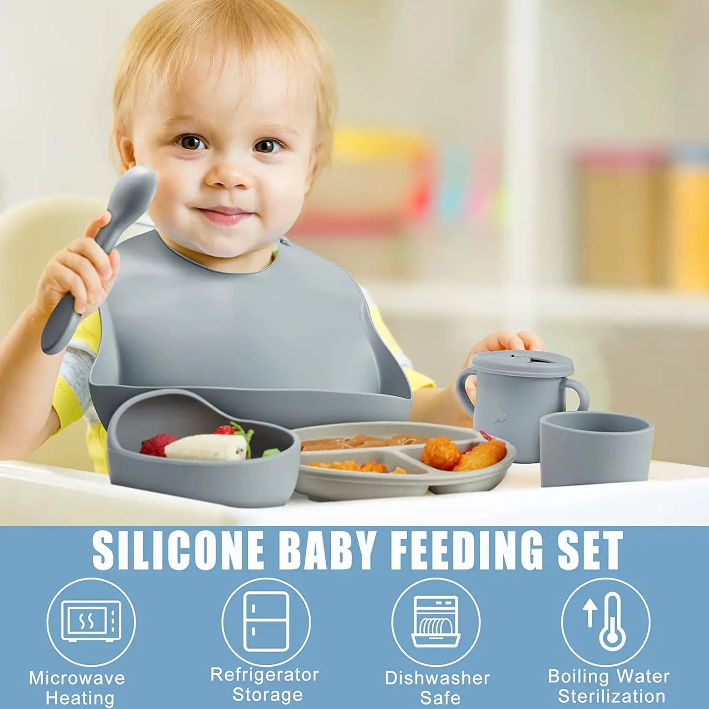 Silicone Baby Plates Spoons Forks Bib Bowls Dish Cup Child Feeding Suction Kids Toddler Eating Tableware Dinnerware Non-slip Set