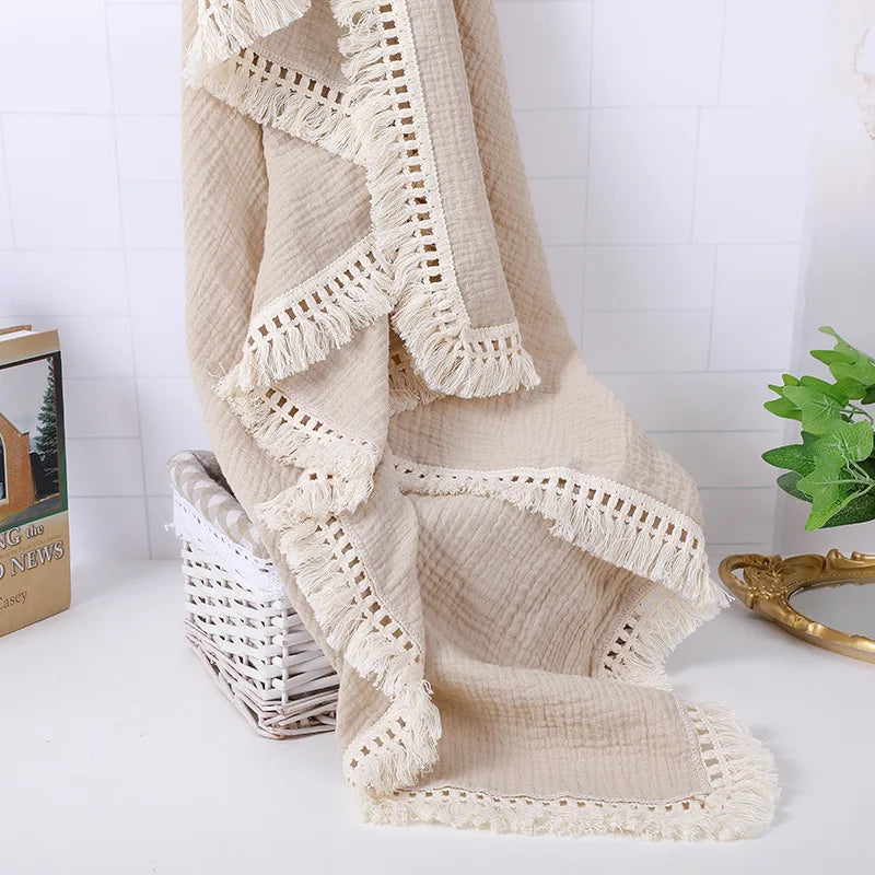 Cotton Muslin Swaddle Blankets for Newborn Baby Tassel Receiving Blanket Solid Swaddle Wrap Infant Soft Sleeping Quilt Bed Cover