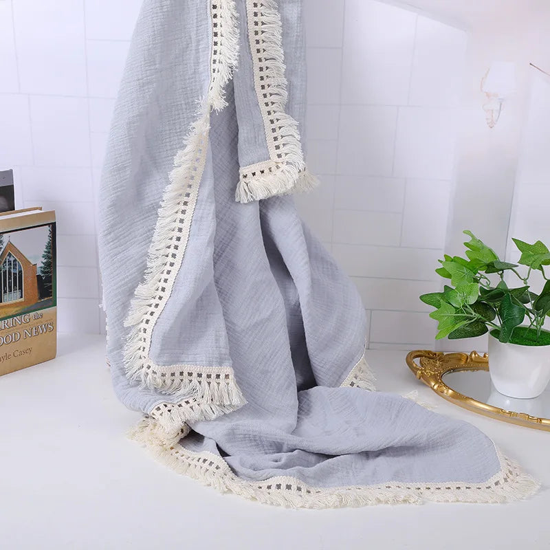Cotton Muslin Swaddle Blankets for Newborn Baby Tassel Receiving Blanket Solid Swaddle Wrap Infant Soft Sleeping Quilt Bed Cover